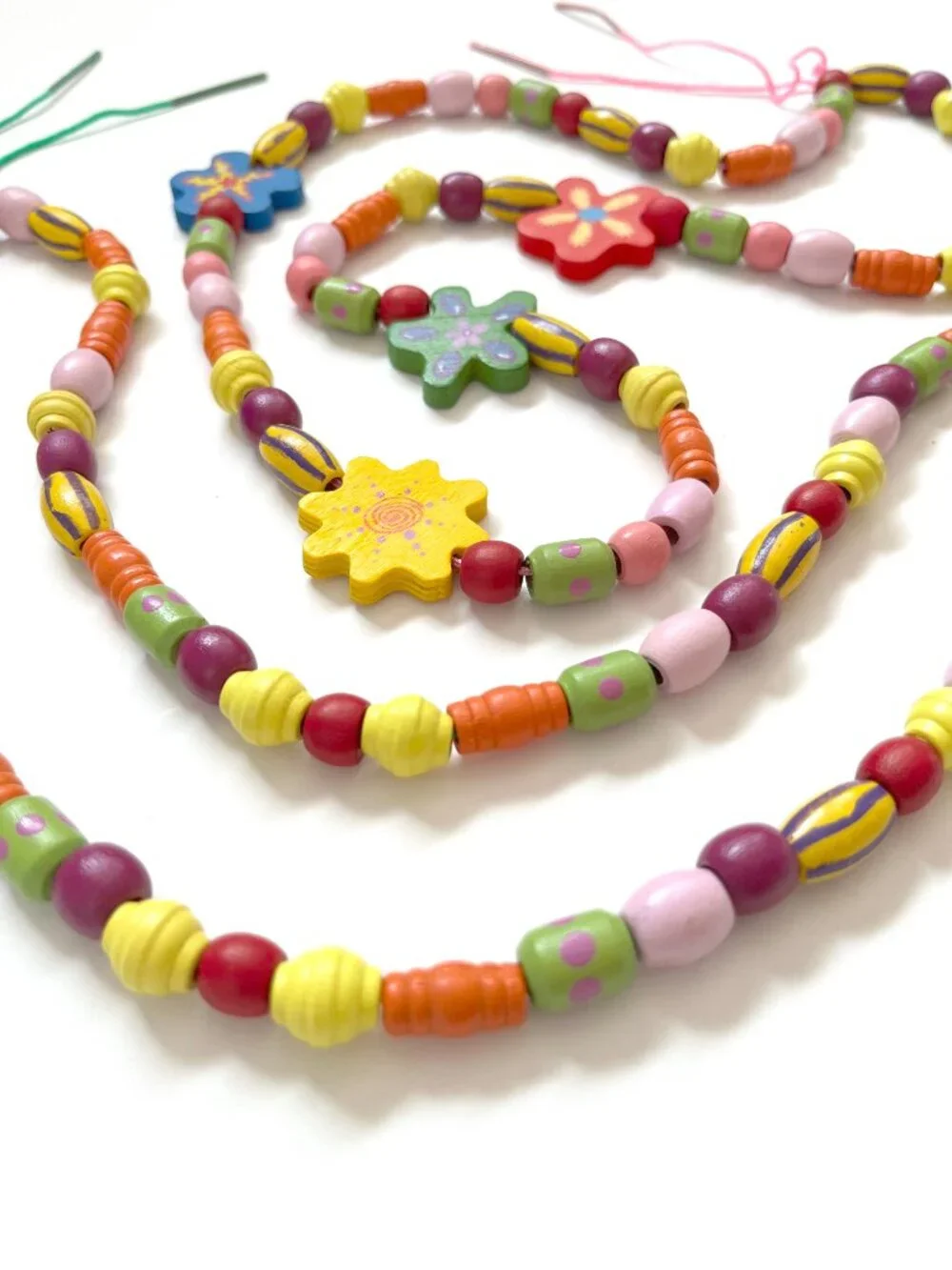 2 Wooden Beaded Necklaces Colorful Flower Charm Boho Bali Jewelry